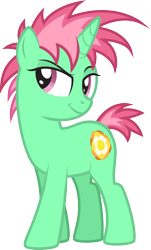 Size: 1163x1923 | Tagged: safe, artist:lightning stripe, derpibooru exclusive, oc, oc only, oc:flowerlocks, pony, unicorn, g4, cutie mark, dreamworks face, female, green coat, horn, lidded eyes, magenta eyes, mare, pink mane, short tail, show accurate, simple background, solo, spiky mane, transparent background, vector