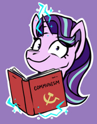 Size: 759x973 | Tagged: safe, artist:ami-gami, starlight glimmer, pony, unicorn, g4, book, communism, communist manifesto, cropped, female, hammer and sickle, here we go again, purple background, simple background, solo, stalin glimmer, this will end in communism, this will end in tears
