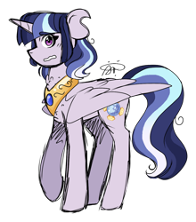 Size: 1024x1161 | Tagged: safe, artist:gallantserver, oc, oc only, oc:twilight sombra, alicorn, pony, alicorn oc, concave belly, horn, jewelry, magical lesbian spawn, nervous, offspring, parent:radiant hope, parent:twilight sparkle, parents:radiantlight, regalia, simple background, solo, transparent background, wings