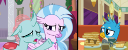Size: 1846x720 | Tagged: safe, edit, edited screencap, screencap, gallus, ocellus, silverstream, changedling, changeling, griffon, hippogriff, g4, angry, booth, diner, drink, food, meme, pancakes, pie, pointing, syrup, woman yelling at a cat