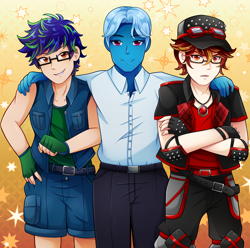 Size: 4152x4126 | Tagged: safe, artist:sho-tan-art, oc, oc:damien runner, oc:saphirus, human, blue hair, blue skin, cap, clothes, commission, fingerless gloves, glasses, gloves, goggles, group photo, hades, hat, highlights, humanized, humanized oc, jewelry, lore olympus, male, necklace, trio, trio male, white hair