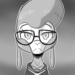 Size: 1000x1000 | Tagged: safe, artist:hitsuji, pom (tfh), sheep, them's fightin' herds, 177013, clothes, community related, emergence, female, glasses, grayscale, monochrome, reaction image, solo, uniform