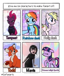 Size: 1080x1272 | Tagged: safe, artist:fluffytown_, holly dash, rainbow dash, tempest shadow, twilight sparkle, alicorn, pegasus, pony, unicorn, g4, broken horn, crossover, eyes closed, female, freckles, grin, horn, hotel transylvania, male, mare, mavis dracula, open mouth, raised hoof, six fanarts, smiling, the fox and the hound, tod, twilight sparkle (alicorn)