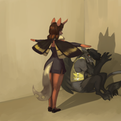 Size: 4000x4000 | Tagged: safe, artist:nsilverdraws, oc, oc only, oc:flechette, oc:mythos vanguard, changeling, moth, mothling, original species, anthro, asserting dominance, black dress, clothes, dress, female, little black dress, red changeling, t pose