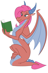 Size: 562x852 | Tagged: safe, artist:queencold, idw, mina, dragon, g4, book, dragoness, female, older, older mina, pink hair, simple background, solo, tail, tail stand, transparent background, wings