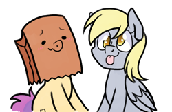 Size: 852x554 | Tagged: safe, artist:paperbagpony, derpy hooves, oc, oc:paper bag, g4, :p, blushing, sitting, tape, tongue out