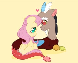 Size: 2048x1672 | Tagged: safe, artist:kittyrosie, discord, fluttershy, draconequus, pegasus, pony, g4, blushing, cute, discute, duo, female, heart, male, mare, no pupils, profile, prone, ship:discoshy, shipping, shyabetes, simple background, sitting, straight, yellow background
