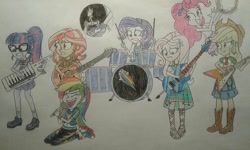 Size: 900x540 | Tagged: safe, artist:jebens1, applejack, fluttershy, pinkie pie, rainbow dash, rarity, sci-twi, sunset shimmer, twilight sparkle, equestria girls, g4, band, bass drum, bass guitar, broken drum, drum pedal, drums, electric guitar, guitar, humane five, humane seven, humane six, keytar, microphone, musical instrument, nervous, playing different instruments, singing, smiling, tambourine, the rainbooms, traditional art
