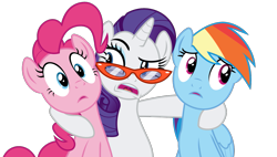 Size: 1286x730 | Tagged: safe, artist:sollace, derpibooru exclusive, pinkie pie, rainbow dash, rarity, earth pony, pegasus, pony, unicorn, g4, rarity takes manehattan, .svg available, bipedal, glasses, looking at you, looking away, open mouth, raised eyebrow, rarity's glasses, show accurate, simple background, svg, transparent background, trio, vector