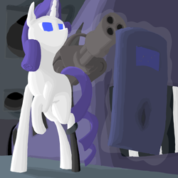 Size: 3000x3000 | Tagged: safe, artist:gyl367, rarity, pony, unicorn, g4, blue eyes, carriage, ceiling, colored, coloring page, cripple, crippled, female, floor, girly, glass, high res, magic, magic aura, mare, metro, minigun, missing cutie mark, perspective, prosthesis, railway platform, railway station, ready to fight, russia, serious, serious face, shadow, shield, solo, train, tunnel, underground, walls, war pony, watching, weapon