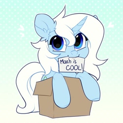 Size: 2000x2000 | Tagged: safe, artist:vensual99, oc, oc only, oc:eula phi, pony, unicorn, abstract background, box, cute, female, happy, heart, high res, mare, mouth hold, ocbetes, pony in a box, smiling, solo, unpopular opinion