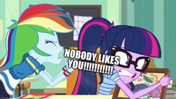 Size: 1280x720 | Tagged: safe, edit, edited screencap, screencap, rainbow dash, sci-twi, twilight sparkle, equestria girls, equestria girls series, g4, the last day of school, abuse, bully, bullying, caption, glasses, hate, image macro, mean, out of character, rainbow douche, scared, text, twilybuse, yelling