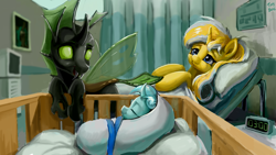 Size: 1920x1080 | Tagged: safe, artist:tinybenz, oc, oc only, oc:accurate balance, oc:utopia, changeling, hybrid, pony, unicorn, accopia, clock, commission, fangs, green changeling, grin, hospital, hospital room, indoors, interspecies offspring, new parents, newborn, offspring, quadrupedal, smiling, trio