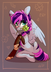 Size: 2894x4093 | Tagged: safe, artist:shore2020, oc, oc only, oc:lucky twist, pegasus, pony, amputee, flower, flower in mouth, mouth hold, prosthetic limb, prosthetics, scar, solo, steampunk