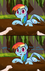 Size: 600x948 | Tagged: safe, artist:doublewbrothers, rainbow dash, human, pegasus, g4, 2 panel comic, backwards cutie mark, comic, cropped, looking at you, mud, muddy, muddy hooves, offscreen character, pov, rainbow dash simulator, story in the source, talking to viewer, text