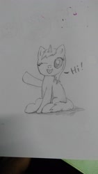 Size: 2352x4160 | Tagged: safe, artist:strategypony, oc, oc only, pony, unicorn, female, filly, grin, looking at you, one eye closed, sitting, smiling, smiling at you, solo, traditional art, waving