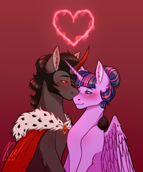 Size: 1826x2196 | Tagged: safe, artist:kayotanv87, king sombra, twilight sparkle, alicorn, pony, unicorn, g4, alternate hairstyle, blushing, cape, clothes, crossed horns, female, heart, horn, horns are touching, male, ship:twibra, shipping, smiling, straight, twilight sparkle (alicorn), wings