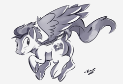 Size: 1791x1216 | Tagged: safe, artist:kam, soarin', pegasus, pony, g4, butt, dock, looking back, male, monochrome, plot, simple background, soarass, solo, stallion, white background, wings