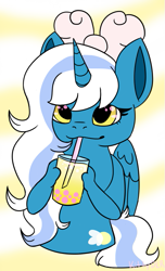 Size: 441x723 | Tagged: safe, artist:kittydlr, oc, oc:fleurbelle, alicorn, pony, adorabelle, alicorn oc, bow, bubble tea, cute, drink, drinking, drinking straw, female, hair bow, horn, mare, wingding eyes, wings, yellow eyes