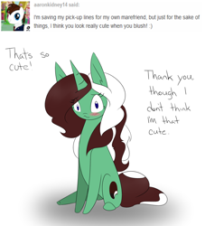 Size: 1000x1100 | Tagged: safe, artist:kaggy009, oc, oc only, oc:peppermint pattie (unicorn), pony, unicorn, ask peppermint pattie, blushing, female, i'm not cute, mare, solo