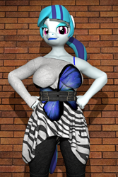 Size: 2560x3840 | Tagged: safe, artist:kevhon, sonata dusk, anthro, g4, 3d, breasts, brick wall, busty sonata dusk, clothes, dress, eyeshadow, female, hand on hip, high res, lipstick, makeup, pose, solo, source filmmaker