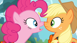 Size: 1280x720 | Tagged: safe, screencap, applejack, pinkie pie, earth pony, pony, g4, pinkie apple pie, season 4, boop, duo, duo female, duo focus, female, looking at each other, nose to nose, nose wrinkle, noseboop, open mouth