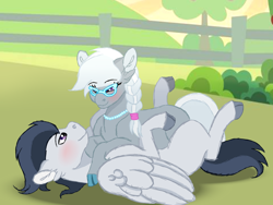 Size: 1400x1050 | Tagged: safe, artist:estories, artist:themune, rumble, silver spoon, earth pony, pegasus, pony, g4, bedroom eyes, blank flank, blushing, bush, cloven hooves, cute, female, fence, glasses, jewelry, looking at each other, male, mare, missing cutie mark, necklace, older, older rumble, older silver spoon, on top, rumblespoon, shipping, stallion, straight, unshorn fetlocks