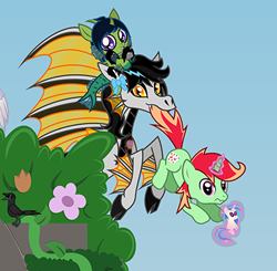 Size: 389x381 | Tagged: safe, artist:lightningbolt, edit, dj pon-3, vinyl scratch, oc, oc only, oc:demon hellspawn, oc:jonin, oc:lightning dee, bird, crow, dragon, merpony, pony, unicorn, g4, cloven hooves, cool crow, cropped, female, filly, flower, leviathan cross, looking at you, magical gay spawn, offspring, plushie, show accurate, tail in mouth, trio focus, zoomorphic