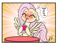 Size: 628x487 | Tagged: safe, artist:pencils, fluttershy, pegasus, pony, comic:fluttershy's anti-adventures, g4, blushing, cropped, cute, drinking, eyes closed, female, floppy ears, hoof hold, juice, juice box, mare, out of context, shyabetes, solo, straining, straw, sweat
