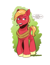 Size: 1299x1692 | Tagged: safe, artist:saturdaymorningproj, big macintosh, earth pony, pony, g4, dialogue, freckles, horse collar, male, open mouth, simple background, speech bubble, stallion, transparent background