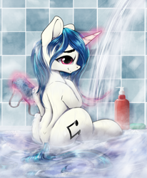 Size: 1576x1917 | Tagged: safe, artist:hitbass, dj pon-3, vinyl scratch, pony, unicorn, g4, bath, female, glowing horn, horn, looking at you, magic, mare, shower, smiling, soap, solo, telekinesis, washcloth, water, wet, wet mane