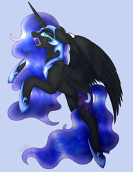 Size: 2700x3500 | Tagged: safe, artist:vendy05, nightmare moon, alicorn, pony, g4, drool, fangs, female, flying, helmet, high res, mare, sharp teeth, simple background, solo, teeth, wings