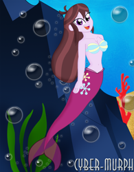 Size: 1939x2483 | Tagged: safe, artist:cyber-murph, velvet sky, mermaid, equestria girls, g4, background human, belly, belly button, breasts, cleavage, clothes, coral, mermaidized, rock, seashell bra, seaweed, signature, sitting, species swap, techies, underwater
