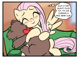 Size: 616x459 | Tagged: safe, artist:pencils, fluttershy, bear, pegasus, pony, comic:fluttershy's anti-adventures, g4, blushing, cropped, cute, female, hug, mare, shyabetes, solo