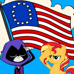 Size: 768x768 | Tagged: safe, artist:thatradhedgehog, sunset shimmer, pony, unicorn, g4, american flag, base used, betsy ross, betsy ross flag, female, mare, patriotism, raven (dc comics), salute, shimrav, teen titans go