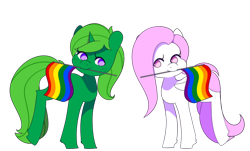 Size: 3162x1909 | Tagged: safe, artist:hellscrossing, oc, oc only, oc:lime dream, oc:sasha gemini, pegasus, pony, unicorn, g4, female, gay pride, gay pride flag, lgbt, pride, pride flag, pride month, rainbow flag, simple background