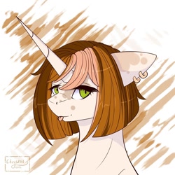 Size: 1080x1080 | Tagged: safe, artist:chrystal_company, oc, oc only, pony, unicorn, :p, abstract background, bust, ear piercing, earring, horn, jewelry, piercing, solo, tongue out, unicorn oc