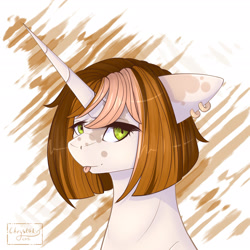 Size: 1772x1772 | Tagged: safe, alternate version, artist:chrystal_company, oc, oc only, pony, unicorn, :p, abstract background, bust, ear piercing, earring, horn, jewelry, piercing, solo, tongue out, unicorn oc