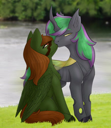 Size: 3071x3543 | Tagged: safe, artist:chrystal_company, oc, oc only, changeling, changeling queen, pegasus, pony, changeling queen oc, colored hooves, double colored changeling, high res, kissing, oc x oc, outdoors, pegasus oc, shipping, wings