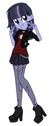 Size: 600x1521 | Tagged: safe, artist:alphajunko, oc, oc only, oc:moonlight nova, icey-verse, equestria girls, g4, boots, chains, choker, clothes, commission, equestria girls-ified, female, grin, high heel boots, jacket, leather jacket, magical lesbian spawn, multicolored hair, offspring, parent:mean twilight sparkle, parent:oc:moonshine twinkle, parents:canon x oc, parents:meanshine, peace sign, shoes, simple background, skirt, smiling, socks, solo, stockings, tank top, thigh highs, torn clothes, transparent background
