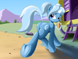 Size: 1500x1134 | Tagged: safe, artist:vinilyart, trixie, pony, unicorn, g4, alternate hairstyle, butt, drinking, female, fetish, frog (hoof), hoof fetish, looking at you, looking back, looking back at you, magic, mare, plot, solo, telekinesis, the great and powerful ass, trixie's wagon, underhoof