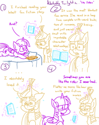 Size: 4779x6013 | Tagged: safe, artist:adorkabletwilightandfriends, moondancer, twilight sparkle, alicorn, pony, unicorn, comic:adorkable twilight and friends, g4, adorkable, adorkable twilight, bed, book, comic, cute, dork, family, fanfic, female, friendship, glowing horn, happy, horn, humor, levitation, lying down, magic, magic aura, mare, reading, siblings, sisters, telekinesis, twilight sparkle (alicorn)