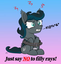Size: 700x738 | Tagged: safe, artist:flyingsaucer, oc, oc only, oc:flying saucer, bat pony, age regression, angry, bat pony oc, bat wings, collar, female, filly, rule 63, text, transformation, transgender transformation, wings