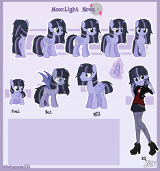 Size: 2595x2770 | Tagged: safe, artist:alphajunko, oc, oc only, oc:moonlight nova, alicorn, bat pony, pony, icey-verse, equestria girls, g4, alicorn oc, bat ponified, belt, boots, butt, chains, choker, clothes, commission, equestria girls-ified, female, filly, glowing horn, grin, high heel boots, high res, horn, jacket, leather jacket, magical lesbian spawn, male, mare, multicolored hair, offspring, parent:mean twilight sparkle, parent:oc:moonshine twinkle, parents:canon x oc, parents:meanshine, peace sign, plot, race swap, reference sheet, rule 63, shirt, shoes, skirt, smiling, solo, stallion, stockings, t-shirt, thigh highs, torn clothes, wings, younger