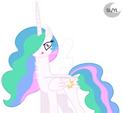 Size: 1024x941 | Tagged: safe, artist:savannah-london, princess celestia, alicorn, pony, g4, belly fluff, butt fluff, chest fluff, deviantart watermark, ear fluff, female, imminent vore, kitchen eyes, licking, licking lips, logo, looking at you, mare, missing accessory, multicolored mane, obtrusive watermark, simple background, smiling, smiling at you, solo, tongue out, watermark, white background