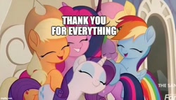 Size: 872x500 | Tagged: safe, edit, edited screencap, screencap, applejack, fluttershy, pinkie pie, rainbow dash, rarity, spike, twilight sparkle, alicorn, pony, g4, my little pony: the movie, caption, cropped, discovery family logo, group hug, heartwarming, hug, image macro, mane seven, mane six, positive ponies, text, twilight sparkle (alicorn)