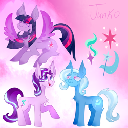 Size: 1200x1200 | Tagged: safe, artist:php163, derpibooru exclusive, starlight glimmer, trixie, twilight sparkle, alicorn, pony, unicorn, g4, big ears, chest fluff, digital art, ear fluff, flying, frown, full body, jealous, open mouth, paint tool sai, raised eyebrow, raised hoof, simple background, smiling, smug, spread wings, standing, trixie is not amused, twilight sparkle (alicorn), unamused, wings