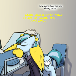 Size: 800x800 | Tagged: safe, artist:captainhoers, spitfire, oc, oc:concorde, pegasus, pony, the sunjackers, g4, cyberpunk, female, hug, mare, mother and child, nonbinary, offspring, older, parent:soarin', parent:spitfire, parents:soarinfire, winghug