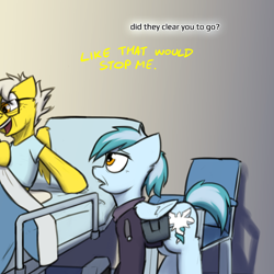 Size: 800x800 | Tagged: safe, artist:captainhoers, spitfire, oc, oc:concorde, pegasus, pony, the sunjackers, g4, bed, cyberpunk, elderly, female, hospital bed, hospital gown, mare, nonbinary, offspring, older, parent:soarin', parent:spitfire, parents:soarinfire