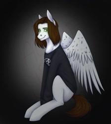 Size: 1080x1204 | Tagged: safe, artist:ash_helz, oc, oc only, pegasus, pony, clothes, gradient background, pegasus oc, sitting, solo, wings